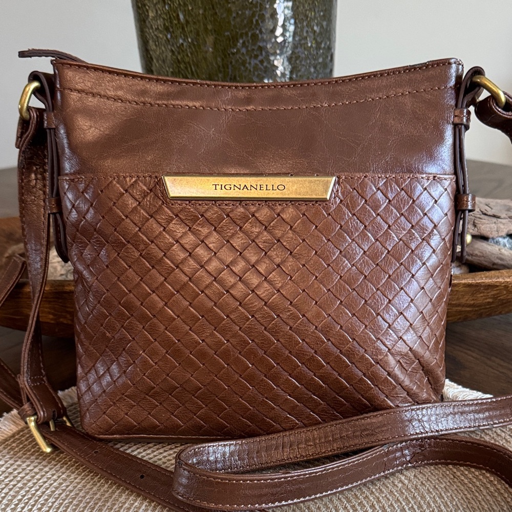 Tignanello Chocolate Brown Woven Leather Crossbody with Gold Plate